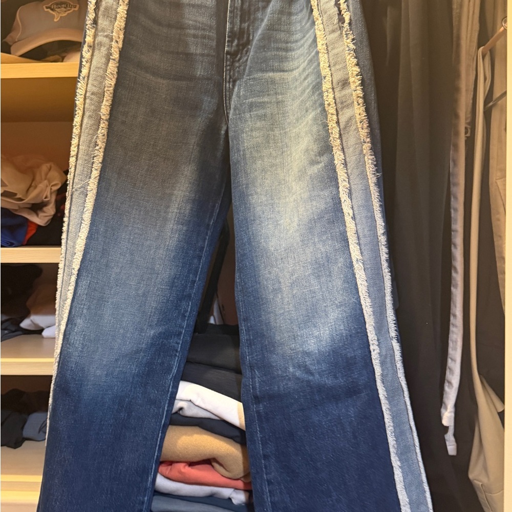 J Brand Dark Blue Wide-Leg Jeans with Light Fringe Side Stripes